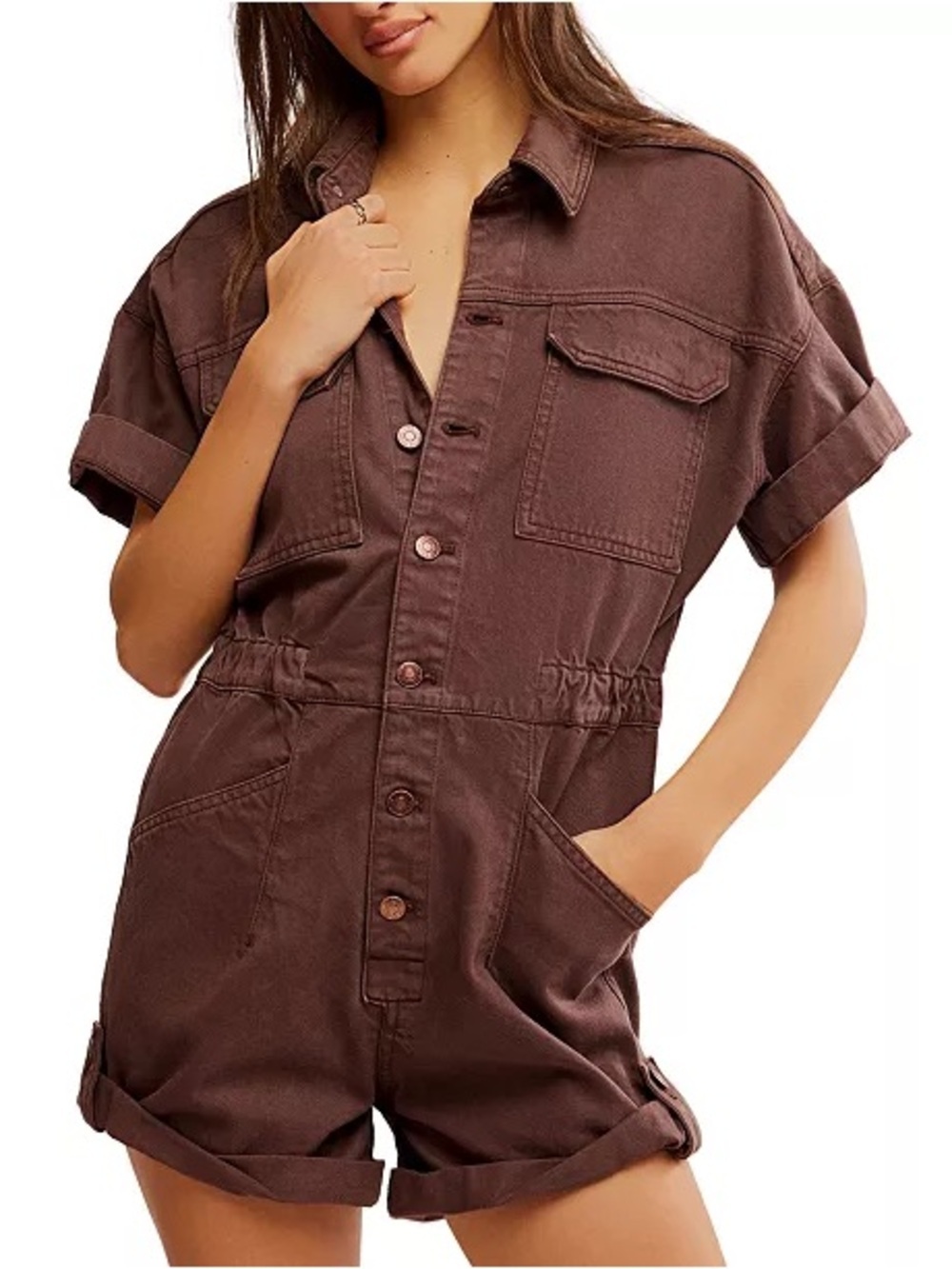 Free People We The Free Utility Romper M Brown Button Front Short Sleeve